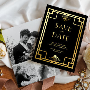 Black Gold Art Deco Photo Collage Wedding Save The Date