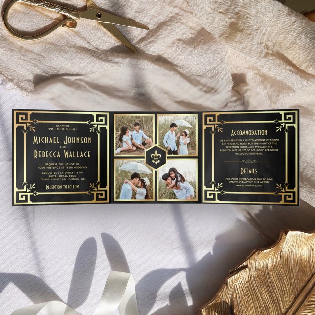 Black Gold Art Deco Photo Collage Wedding Tri-Fold Invitation (Creator Uploaded)