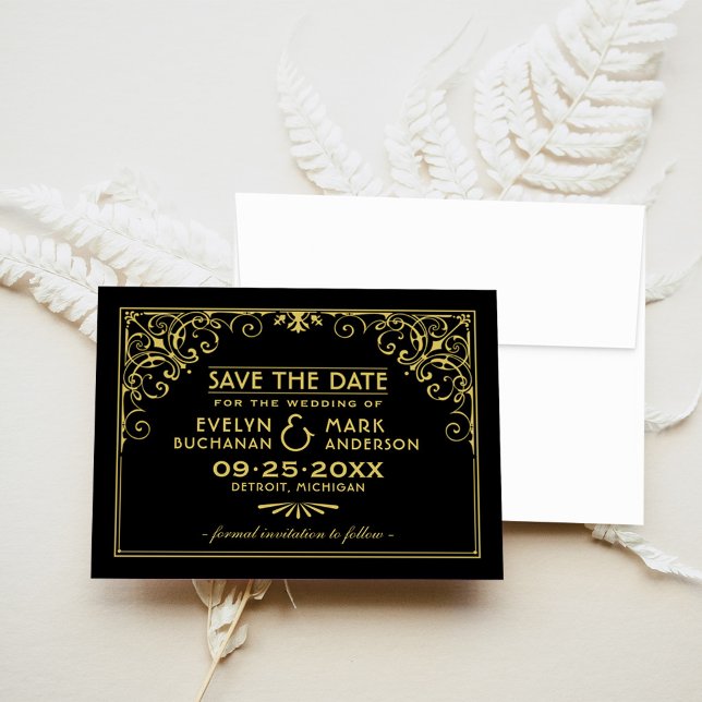 Black Gold Art Deco Scrollwork Wedding Save The Date (Creator Uploaded)