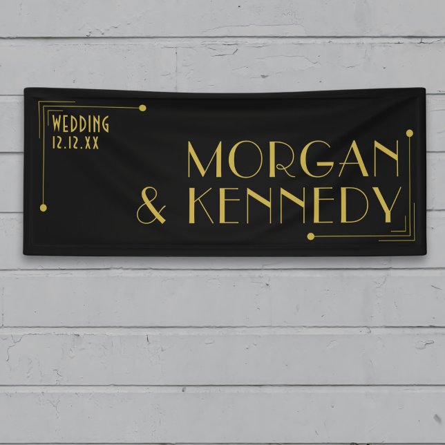 Black Gold Art Deco Style 1920s Wedding Banner (Perfect banner for your Gatsby Wedding. Just add your names and wedding date. Congratulations!)