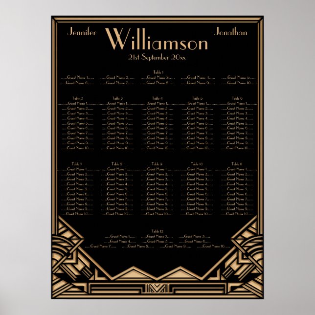 Black Gold Art Deco Style Wedding Seating Chart (Front)