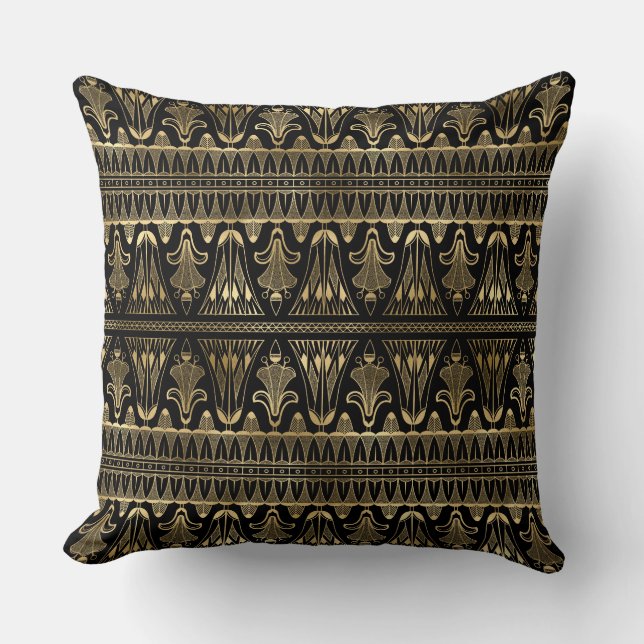 Black gold art deco tiled pattern throw pillow (Front)
