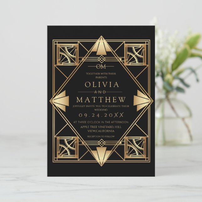 Black & Gold Art Deco Wedding Invitation  (Standing Front)
