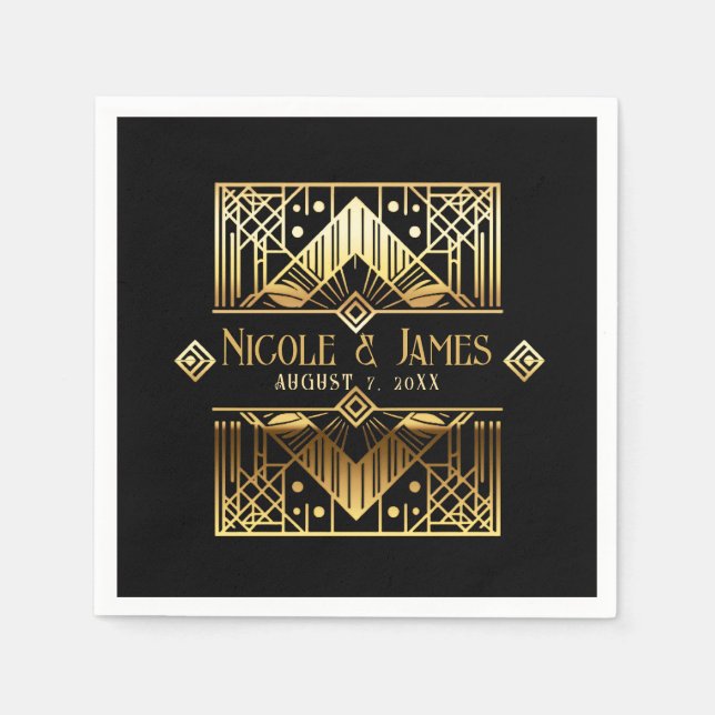 Black & Gold Art Deco Wedding  Napkin (Front)