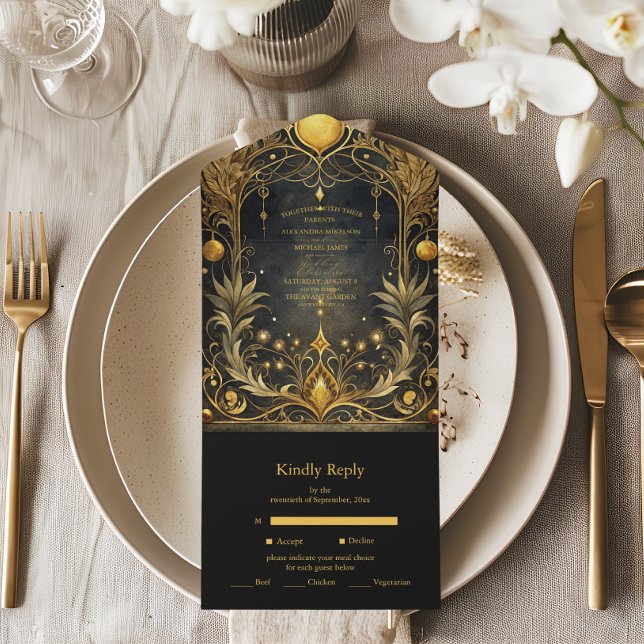 Black Gold Art Nouveau Wedding All In One Invitation (Creator Uploaded)