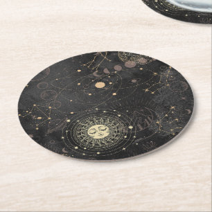 Black Gold Astrological Pattern Round Paper Coaster