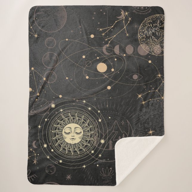 Black Gold Astrological Pattern Sherpa Blanket (Front)