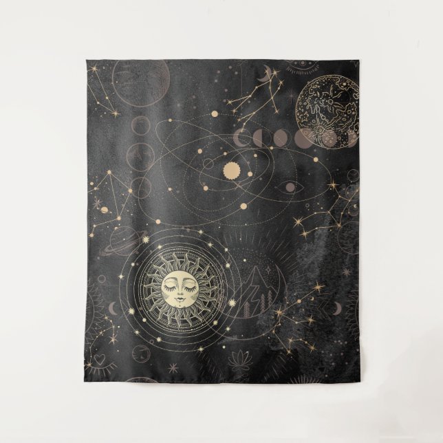 Black Gold Astrological Pattern Tapestry (Front)