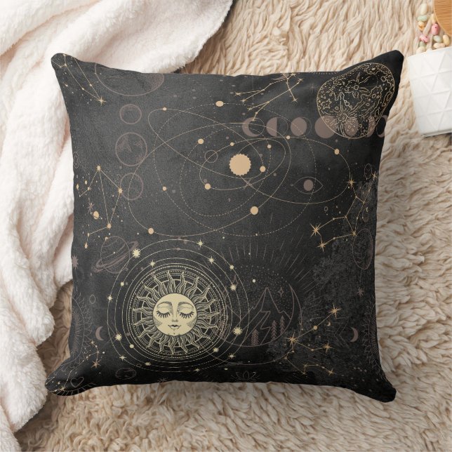 Black Gold Astrological Pattern Throw Pillow (Blanket)