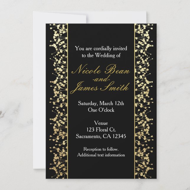Black & Gold Babys Breath Wedding Invitations (Front)