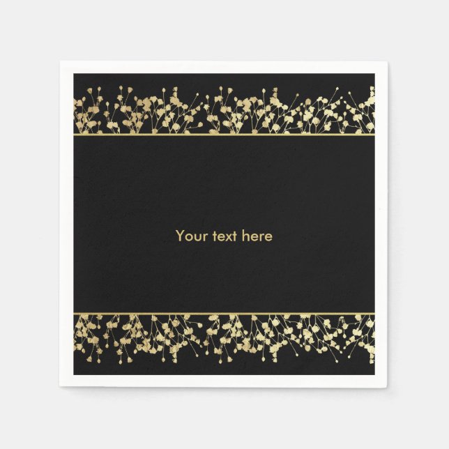 Black & Gold Babys Breath Wedding Napkins (Front)