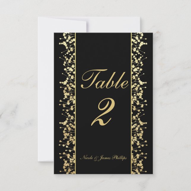 Black & Gold Babys Breath Wedding Table Cards (Front)