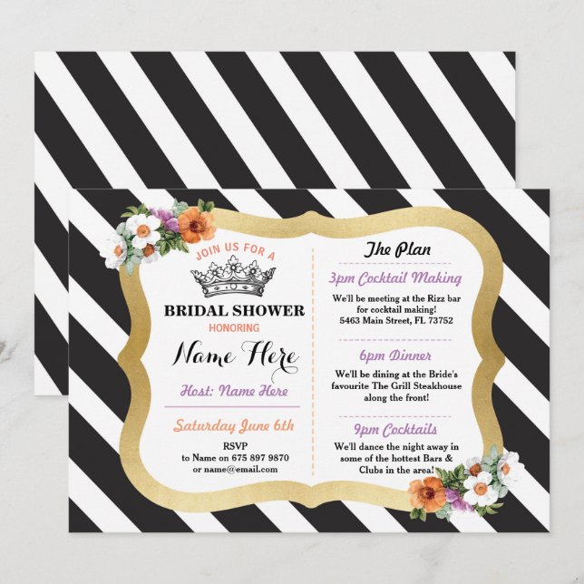 Black & Gold Bachelorette Itinerary Floral Stripe Invitation (Front/Back)
