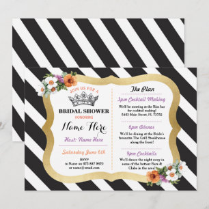 Black & Gold Bachelorette Itinerary Floral Stripe Invitation