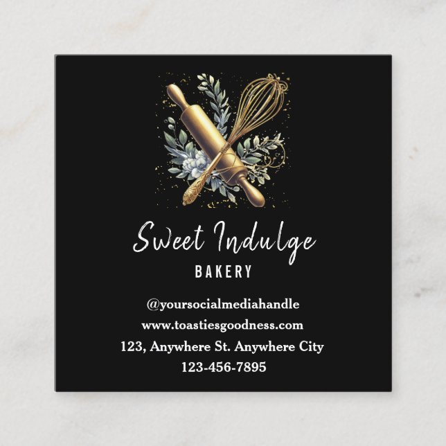 Black Gold Baking Utensil Square Bakery Square Business Card (Front)
