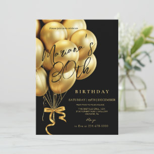  Black & Gold Balloon bow Birthday Party Invitation
