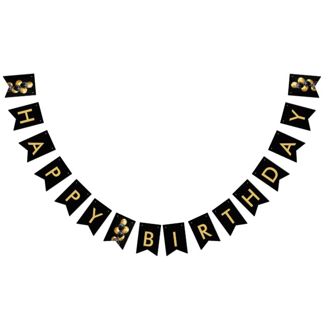 Black Gold Balloon Chic Happy Birthday Bunting Flags (All)