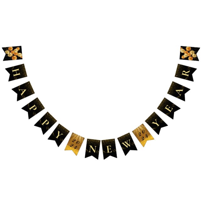 Black Gold Balloon Happy New Year Party Bunting Flags (All)