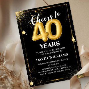 Black Gold Balloons 40th Birthday Party Invitation