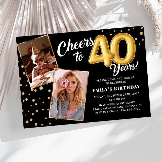 Black Gold Balloons 40th Birthday Photo Invitation (Créateur téléchargé)