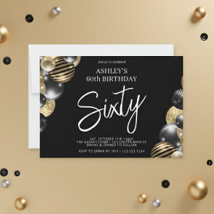 Black Gold Balloons 60th Birthday Invitation