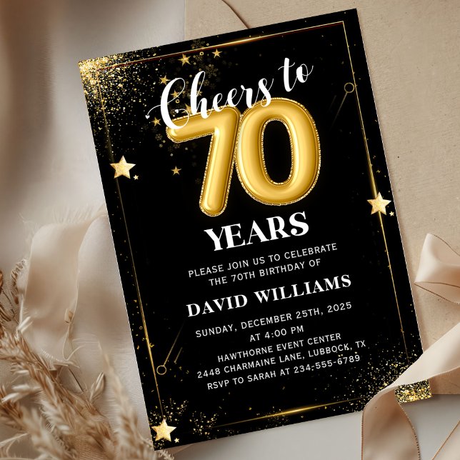 Black Gold Balloons 70th Birthday Party Invitation (Creator Uploaded)