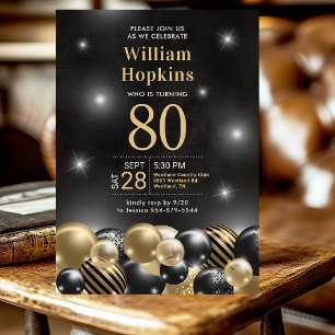Black Gold Balloons 80th Birthday Party  Invitation