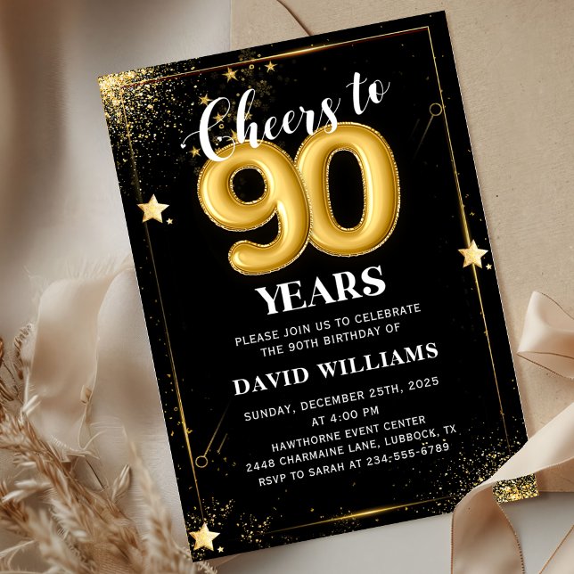 Black Gold Balloons 90th Birthday Party Invitation (Creator Uploaded)