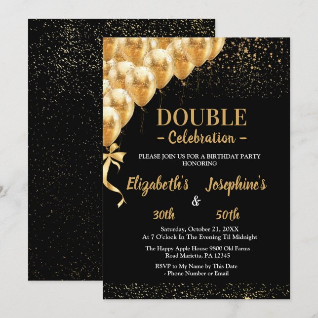 Black Gold Balloons glitter Dual Birthday Soiree  Invitation (Front/Back)