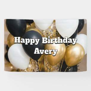 Black & Gold Balloons Personalized Happy Birthday Banner