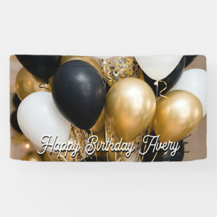 Black & Gold Balloons Personalized Happy Birthday Banner