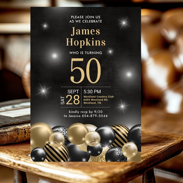 Black Gold Balloons Photo 50th Birthday Party Invitation (Creator Uploaded)