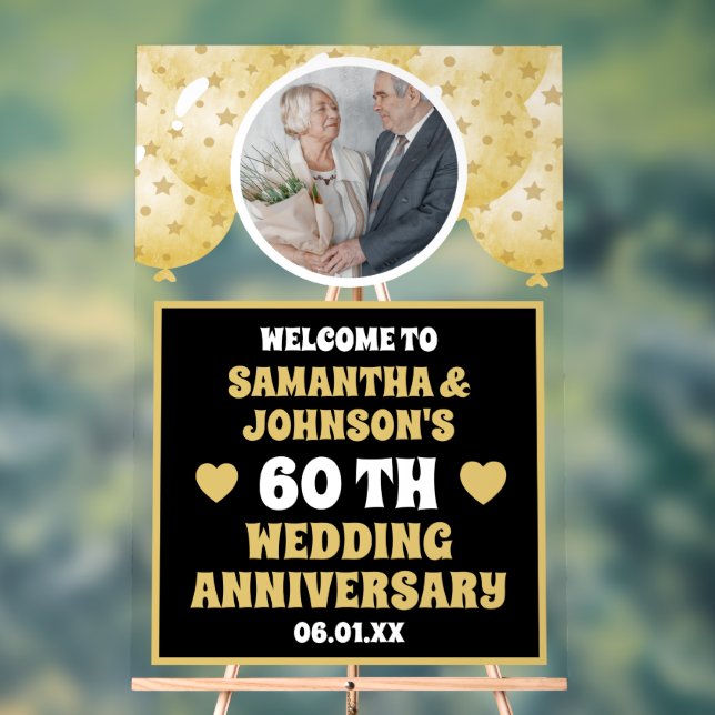 Black Gold Balloons Photo 60th wedding anniversary Acrylic Sign (Neutral)