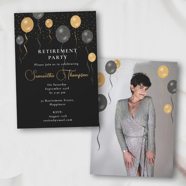 Black & Gold Balloons Retirement Party Photo Invitation (Black & Gold Balloons Retirement Party Photo Invitation)