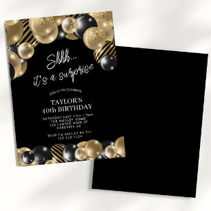 Black Gold Balloons Surprise 40th Birthday Invitation