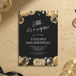 Black Gold Balloons Surprise 60th Birthday Invitation