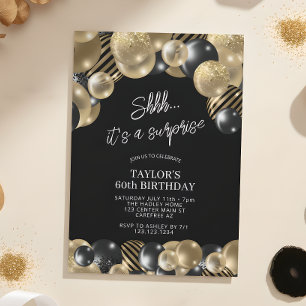 Black Gold Balloons Surprise 60th Birthday Invitation