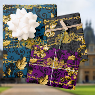 Black & Gold Barocco Acanthus Leaf Horse Chains Wr Wrapping Paper Sheet
