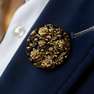 Black & Gold Baroque Floral Art Pin Button