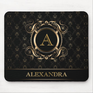 Black & Gold Baroque Frame Design-Monogram Mouse Pad