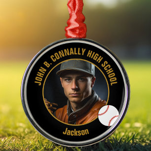 Black Gold Baseball Player Photo Christmas Metal Ornament