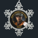 Black Gold Baseball Player Photo High School Snowflake Pewter Christmas Ornament<br><div class="desc">This cool customized high school baseball player photo gift features gold typography of your team and player name on a black snowflake shaped Christmas ornament with a ball. Personalize with your student's photograph and class year as a proud sports parent for a great commemorative keepsake.</div>