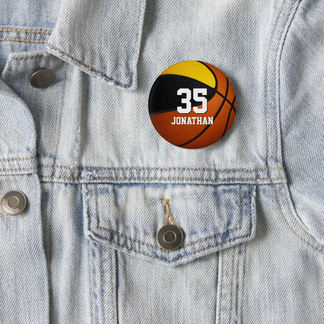 black gold basketball team colours w athlete name 2 inch round button (In Situ)