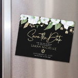 Black Gold Bat Mitzvah Script Floral Save the Date Magnetic Invitation<br><div class="desc">Make sure all your friends and relatives will be able to celebrate your daughter’s milestone Bat Mitzvah! Send out this chic, personalized “Save the Date” magnetic announcement card so she’ll be kept top of mind until her special day. A chic, stunning, white and gold glitter floral watercolor with faux gold...</div>