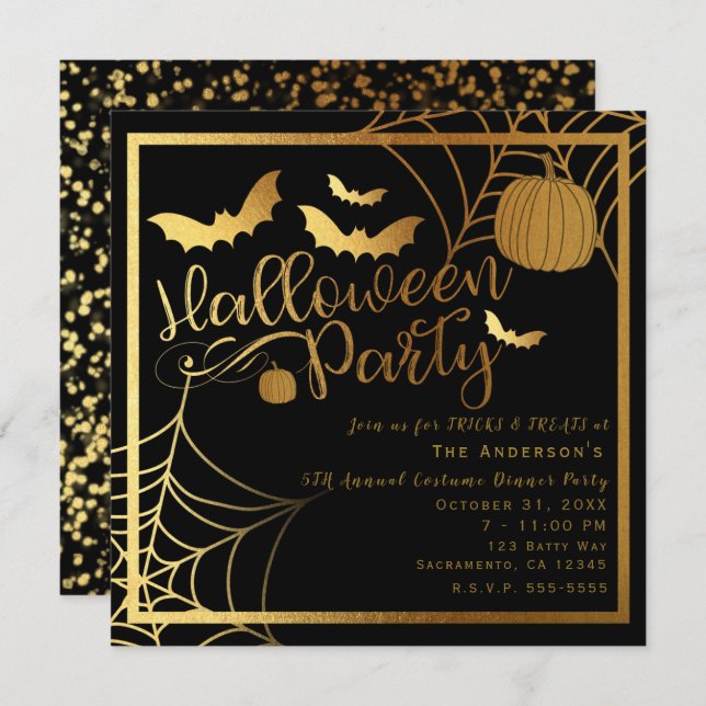 Black & Gold Bats Pumpkin Elegant Halloween Party Invitation (Front/Back)