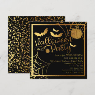 Black & Gold Bats Pumpkin Elegant Halloween Party Invitation