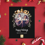 Black gold bauble business photo Christmas card<br><div class="desc">Please note that flyer paper is very thin. Envelopes are not included. For thicker Holiday cards (same design) please visit our store. Celebrate the season with our sophisticated black-background Christmas cards, designed especially for businesses. Personalize with your company’s photo and logo framed within a golden Christmas tree bauble for a...</div>