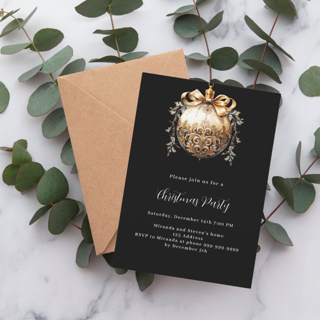 Black gold bauble vintage Christmas Party Invitation (Creator Uploaded)