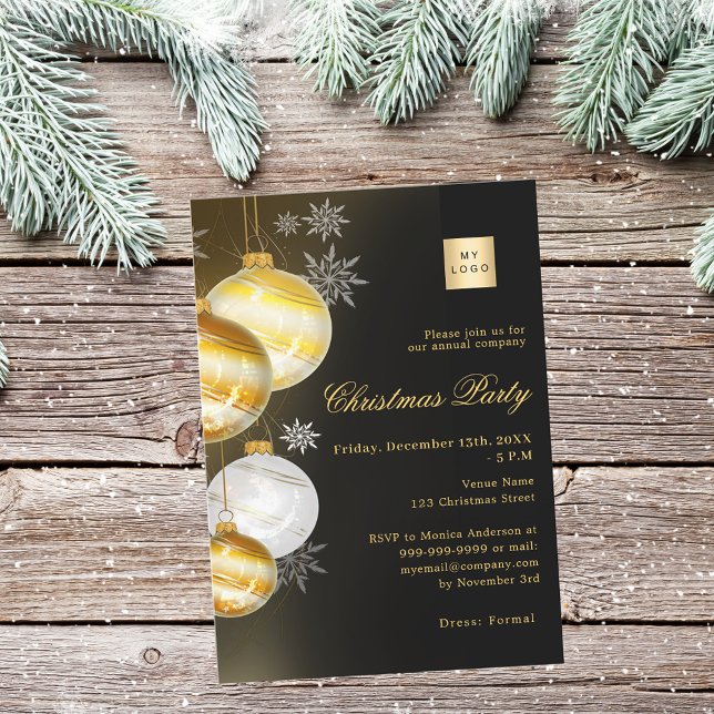 Black gold baubles company logo Christmas Party Invitation (Creator Uploaded)