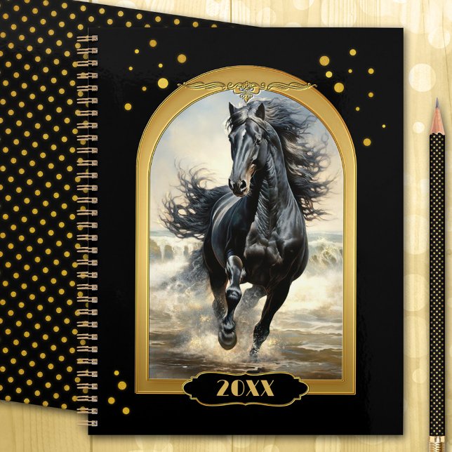 Black Gold Beach Horse  Planner (Gold and black year planner with a stallion horse running freely on the beach with confetti sparkles)